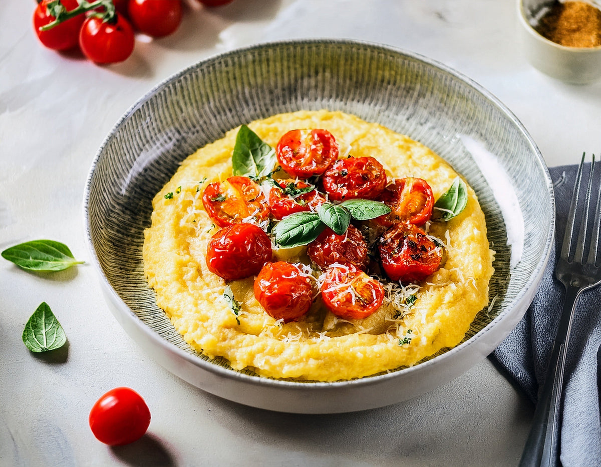 Geitenkaas polenta met geroosterde cherrytomaten Ⓥ