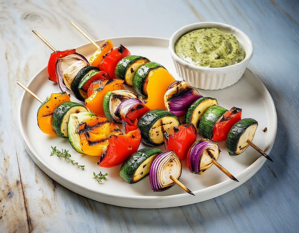Gegrilde groentespiesjes met romige pesto dip Ⓥ
