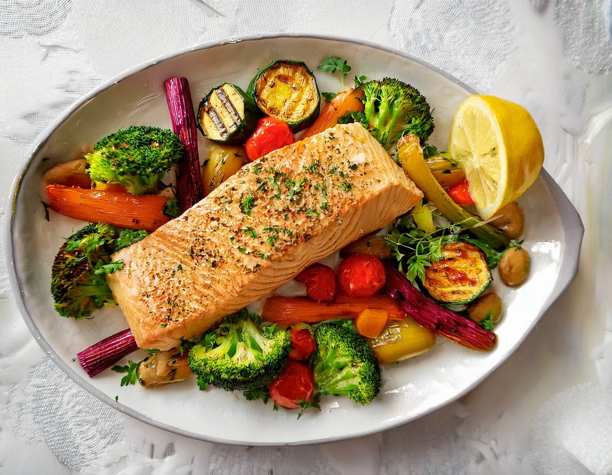 Roasted salmon fillet with spicy seasonal vegetables