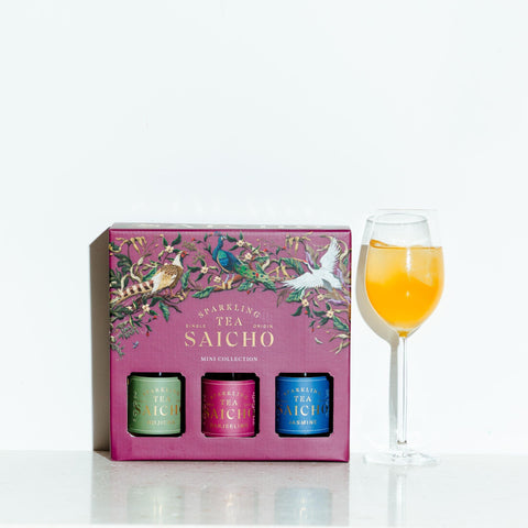Sparkling tea's van Saicho in een leuke giftbox met de tea in een glas