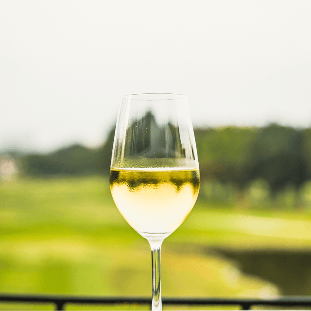 Een gevuld glas witte wijn op een balustrade met een onscherpe groene natuurlijke achtergrond, wat wijst op een buiten setting.