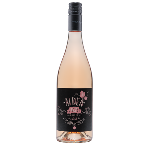 Aldea 0.0% alcoholvrije rosé Tempranillo wijnfles op een witte achtergrond.