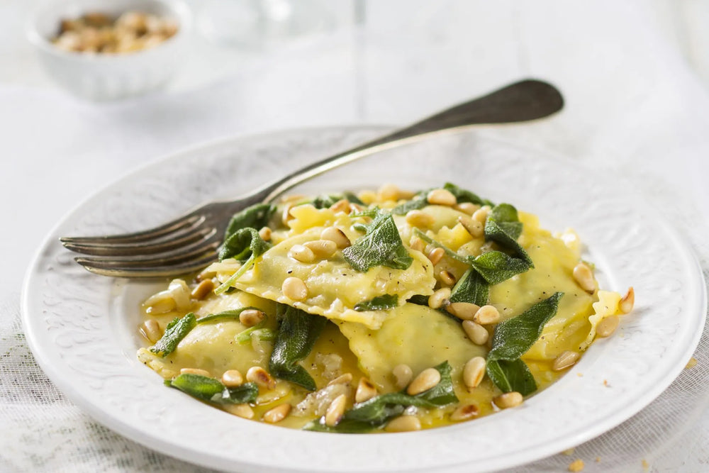 Pumpkin ravioli with sage and brown butter Ⓥ