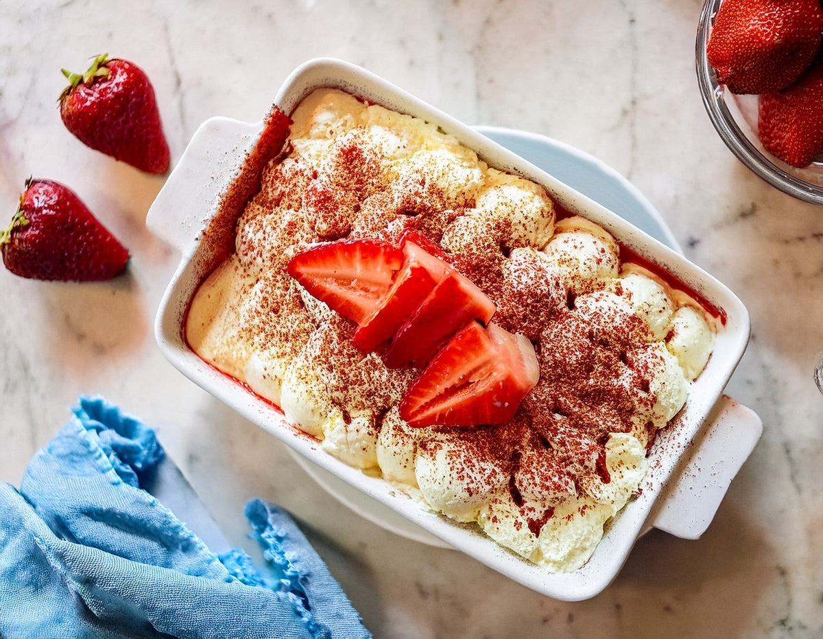 Aardbeientiramisu met verse aardbeien en cacaopoeder in schaal, op marmeren tafel | World of NIX