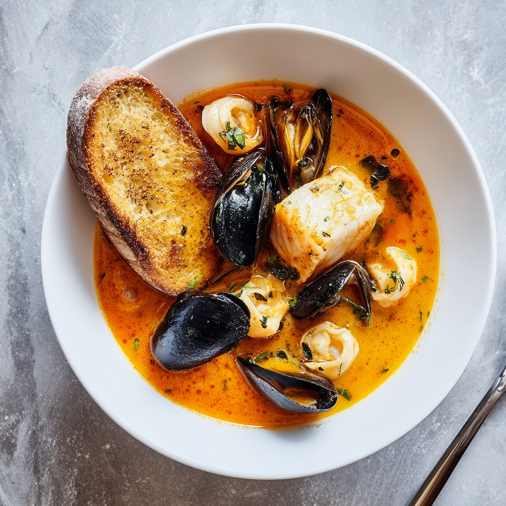 Bouillabaisse met mosselen, witvis, garnalen en geroosterd brood in witte kom op marmeren tafel | World of NIX