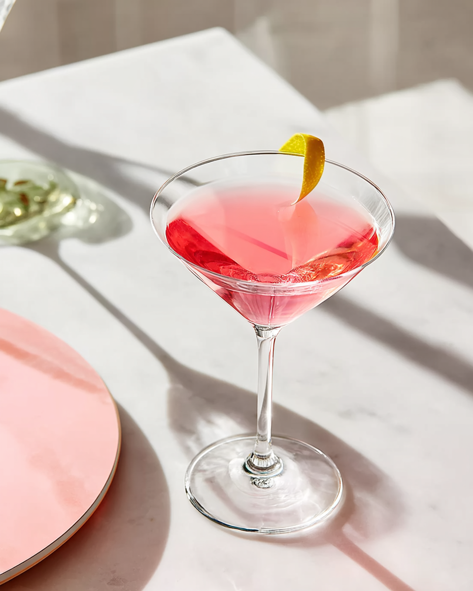 Alcoholvrije roze cocktail in martiniglas met citroengarnering op witte tafel | World of NIX