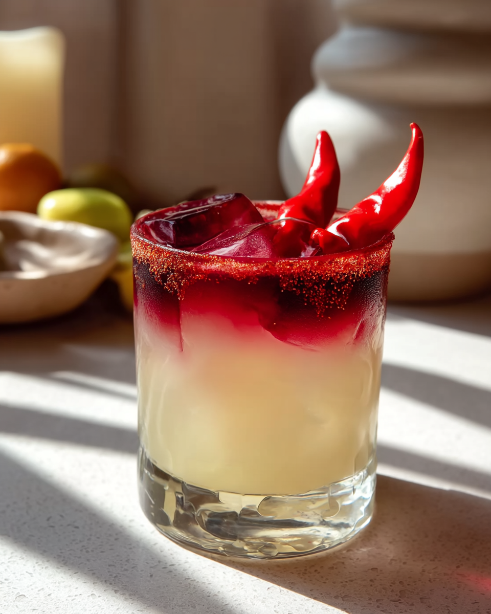 Kleurrijke alcoholvrije cocktail met rode laag, ijsblokjes en rode pepers in een glas | World of NIX