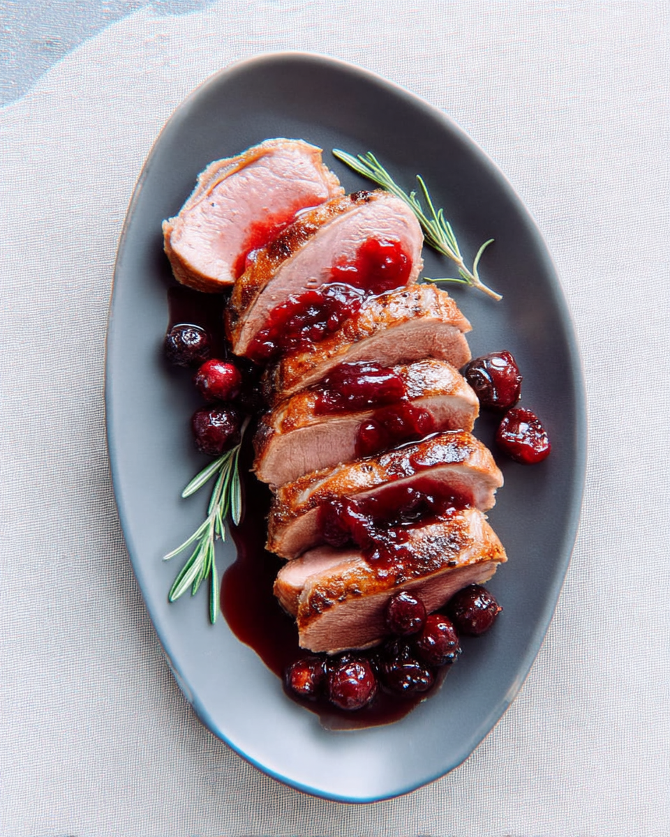 Gesneden eendenborst met cranberrysaus en rozemarijn op zwart bord | World of NIX