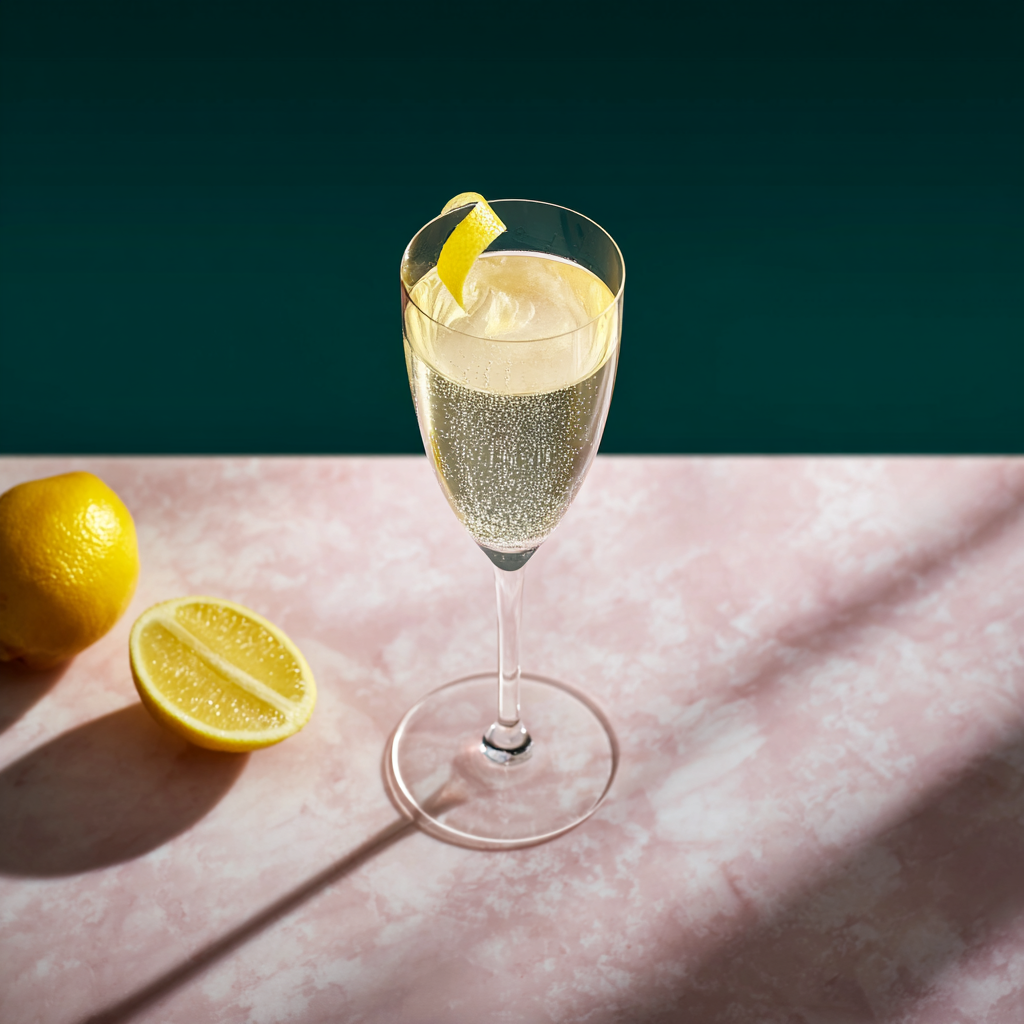 Glas alcoholvrije sparkling cocktail met citroengarnering en citroen op roze tafel | World of NIX