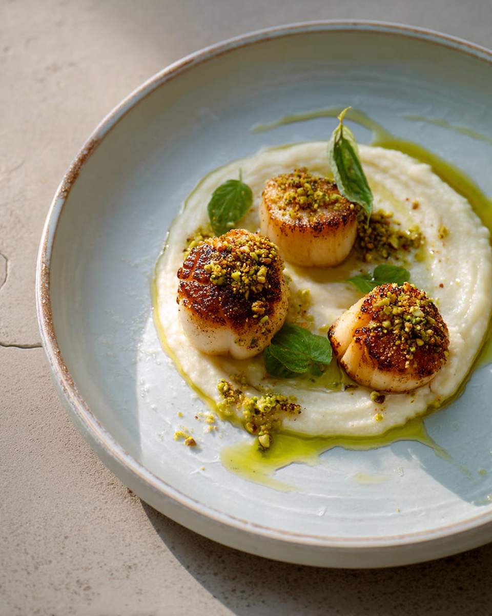 Gebakken coquilles op romige puree met kruiden en pistache, gourmet bord | World of NIX