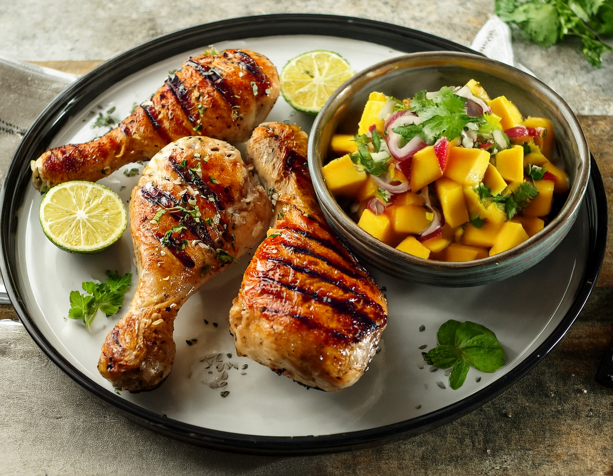 Grilled chicken drumsticks with mango salsa