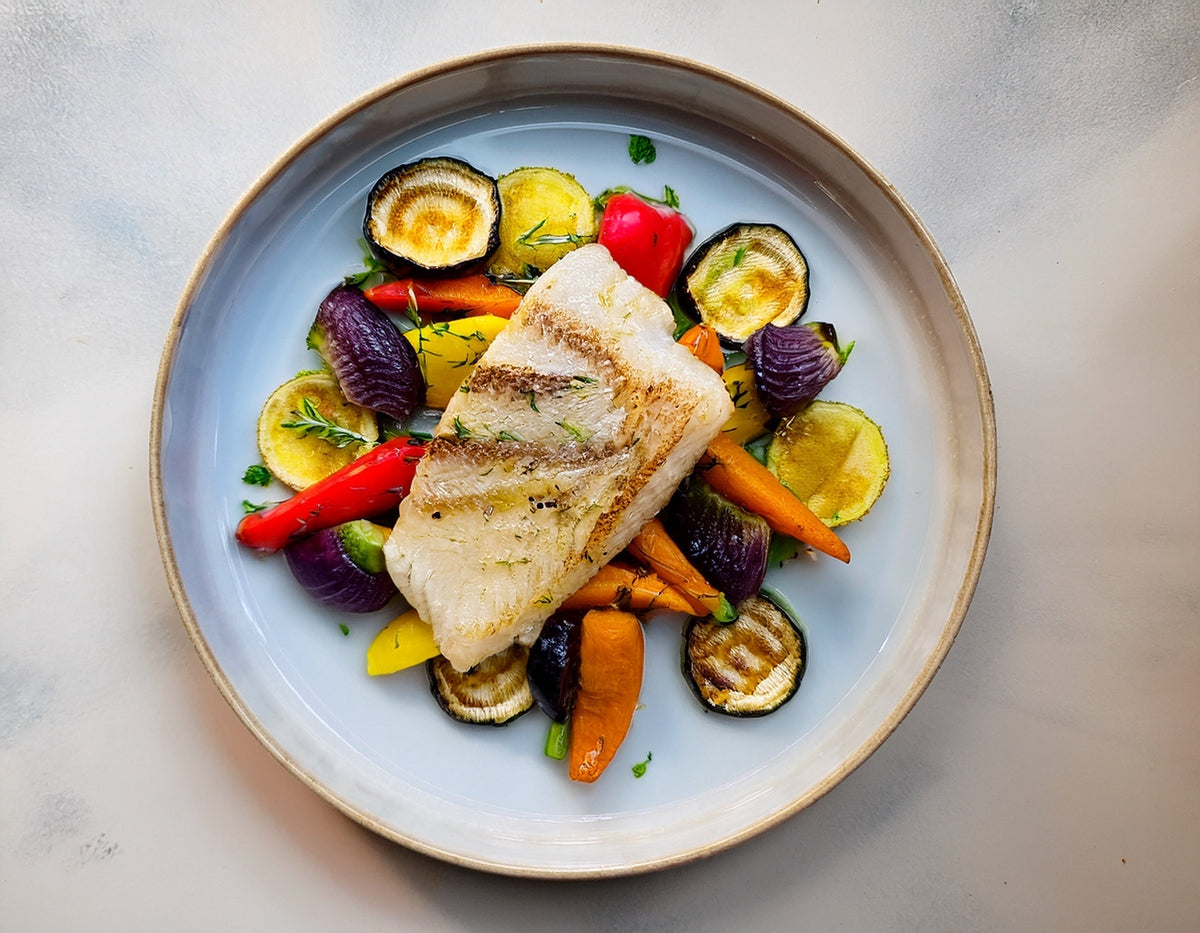 Grilled fish with roasted vegetables