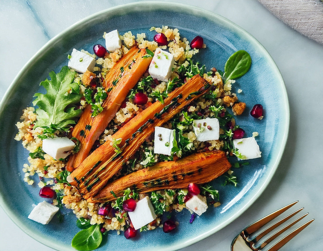 Geroosterde wortels met quinoa, feta en granaatappelpitjes Ⓥ