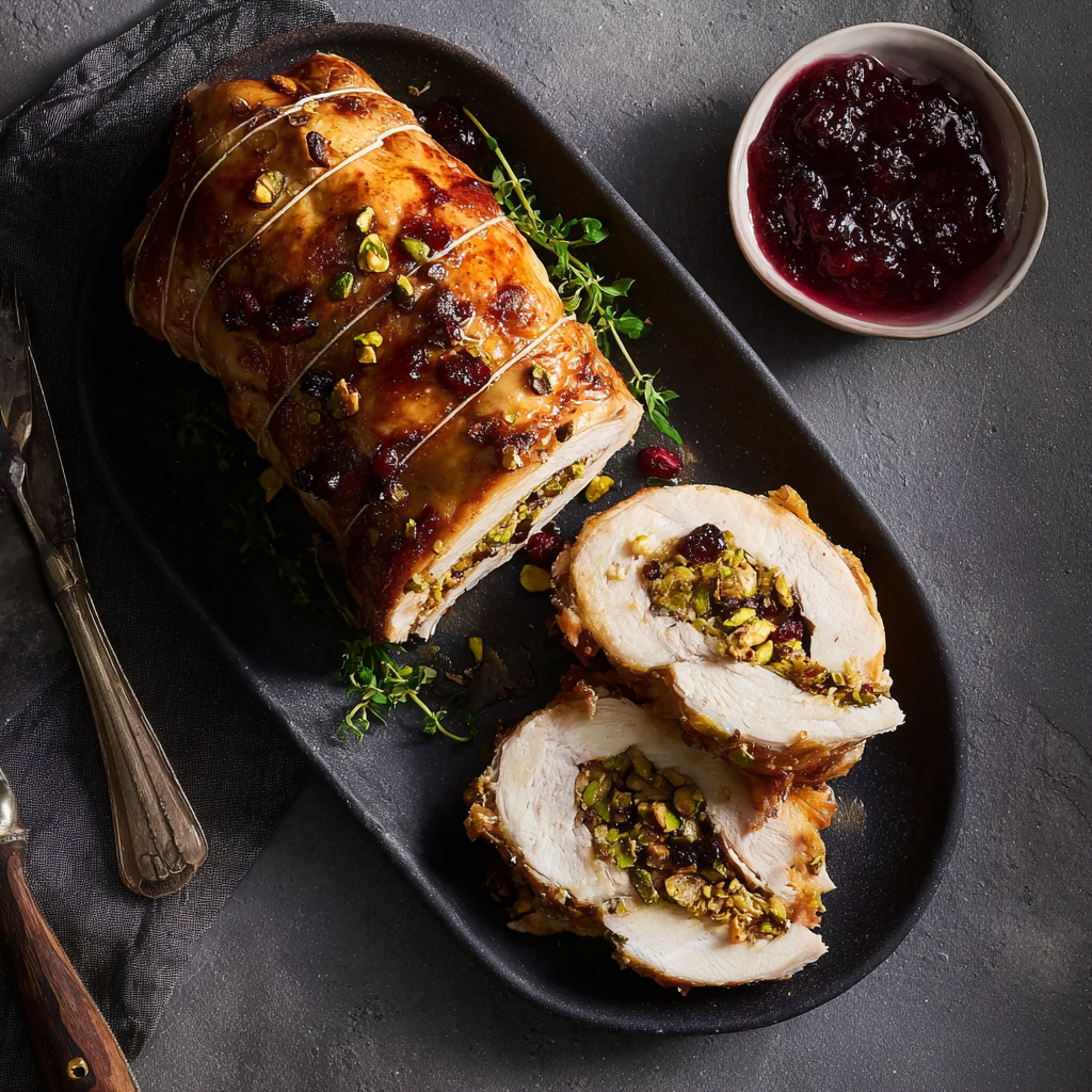 Gevulde kiprollade met pistachenoten en cranberry’s op zwarte schaal met saus | World of NIX