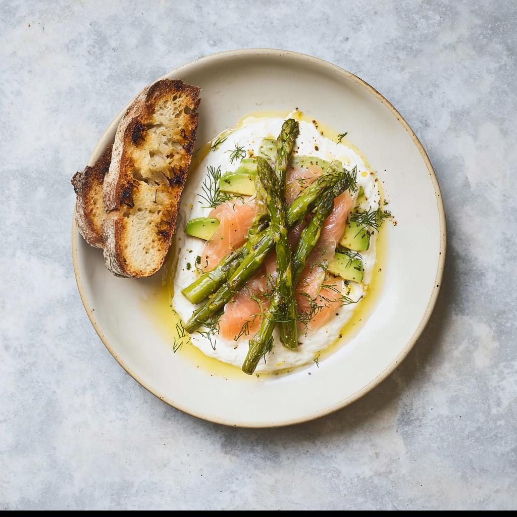 Bord met groene asperges, zalm, avocado, roomkaas en toast op lichte ondergrond | World of NIX