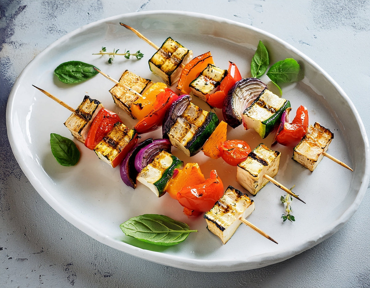 Grilled vegetable and halloumi skewers Ⓥ