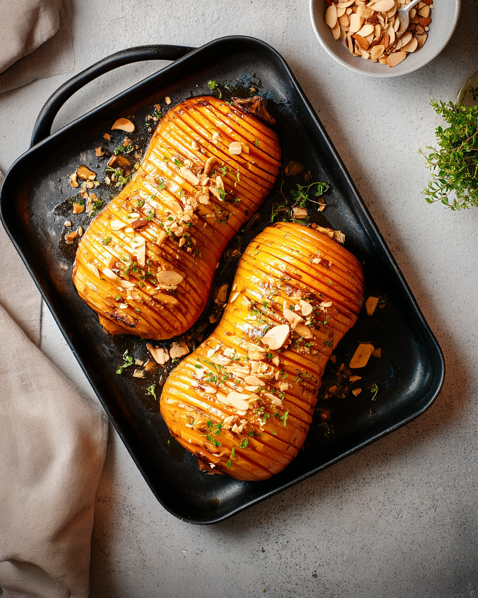 Hasselback pompoen uit de oven met amandelschaafsel en verse kruiden op bakplaat | World of NIX