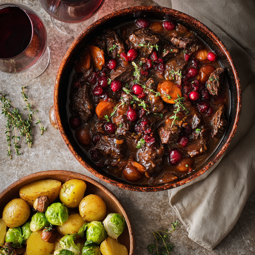 Hertenstoof met wortel en cranberries, naast aardappels en spruitjes | World of NIX