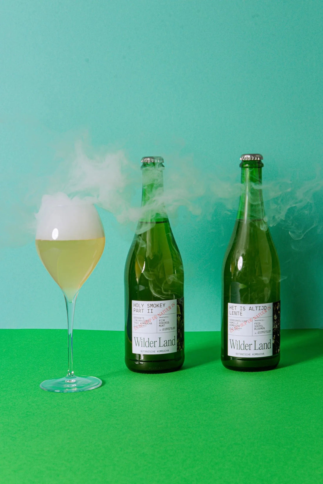 Twee flessen Wilder Land botanische kombucha en een glas met schuim tegen groene achtergrond | World of NIX