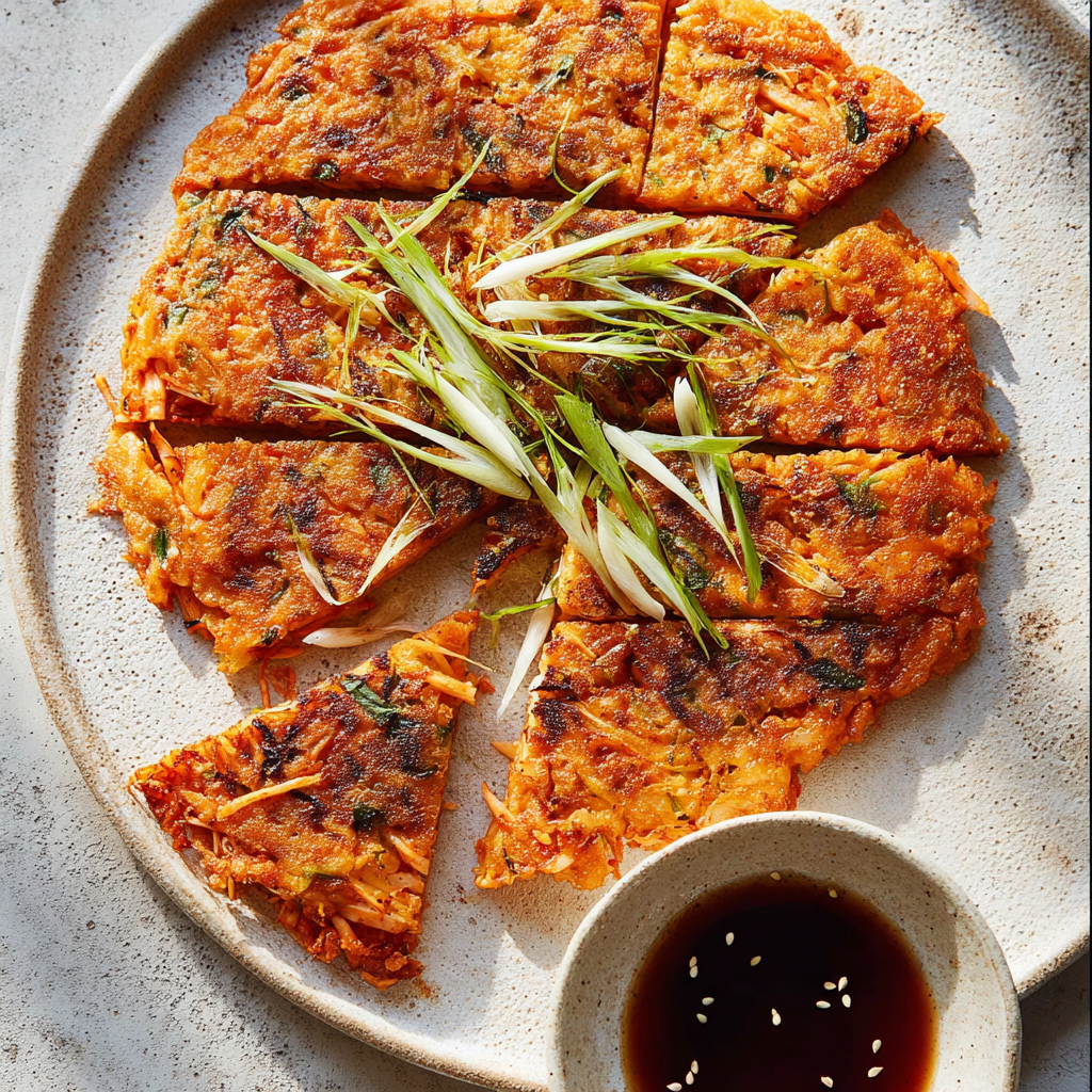Kimchi pannenkoek in punten gesneden met bosui en dipsaus op een bord | World of NIX