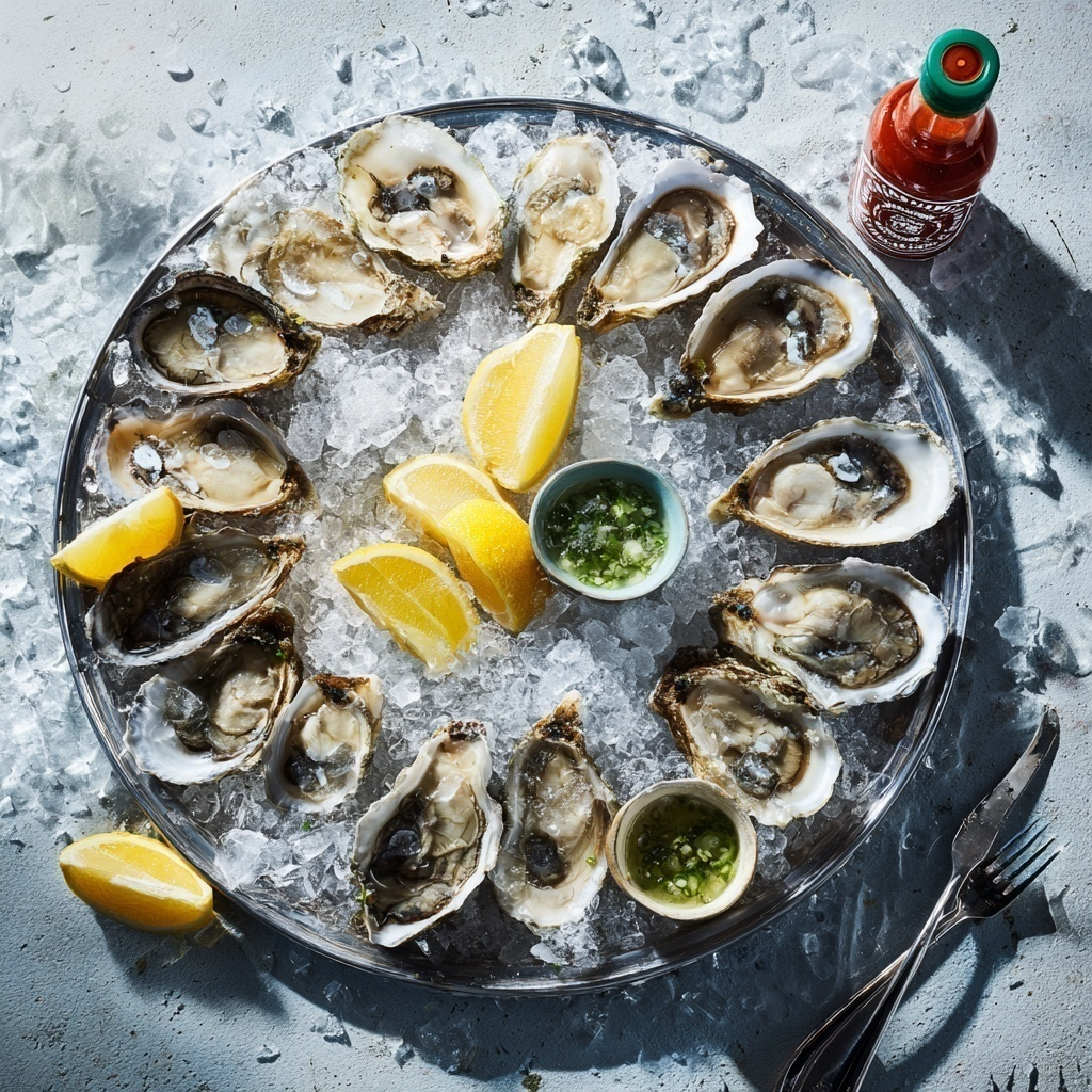 Schaal met verse oesters op ijs, citroen, dipsaus en hot sauce | World of NIX