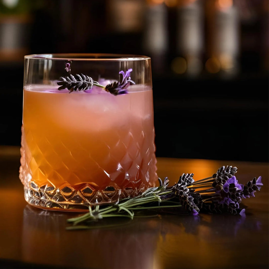 Alcoholvrije cocktail met lavendel in een geslepen glas op bar | World of NIX