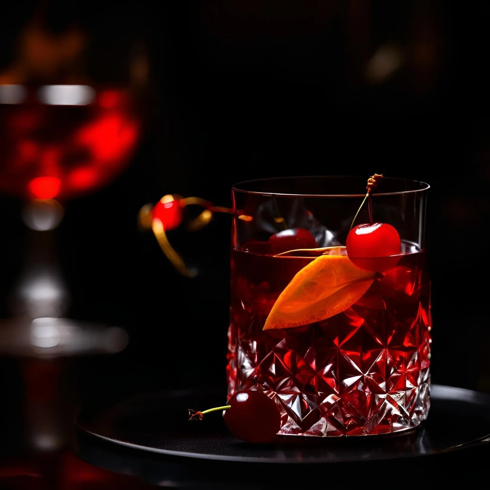 Glas alcoholvrije cocktail met ijs, sinaasappel en kersen op donkere achtergrond | World of NIX