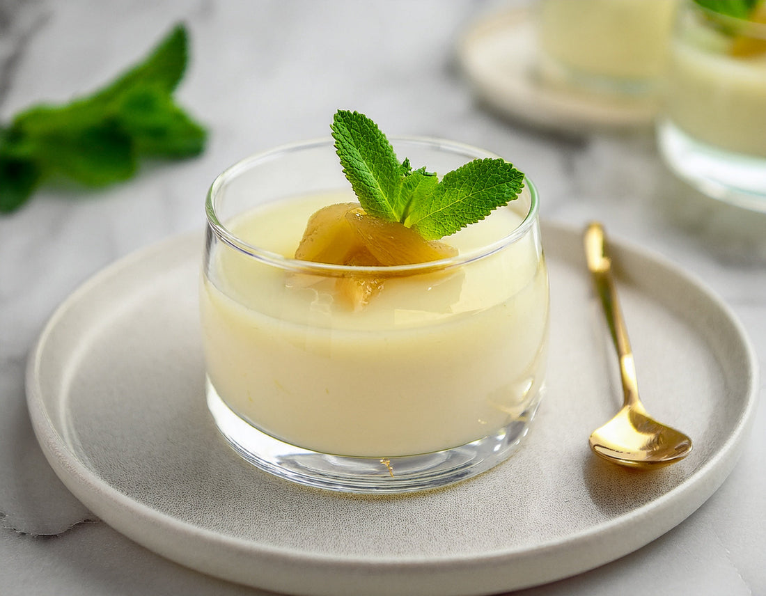 Vanille panna cotta met lychee compote