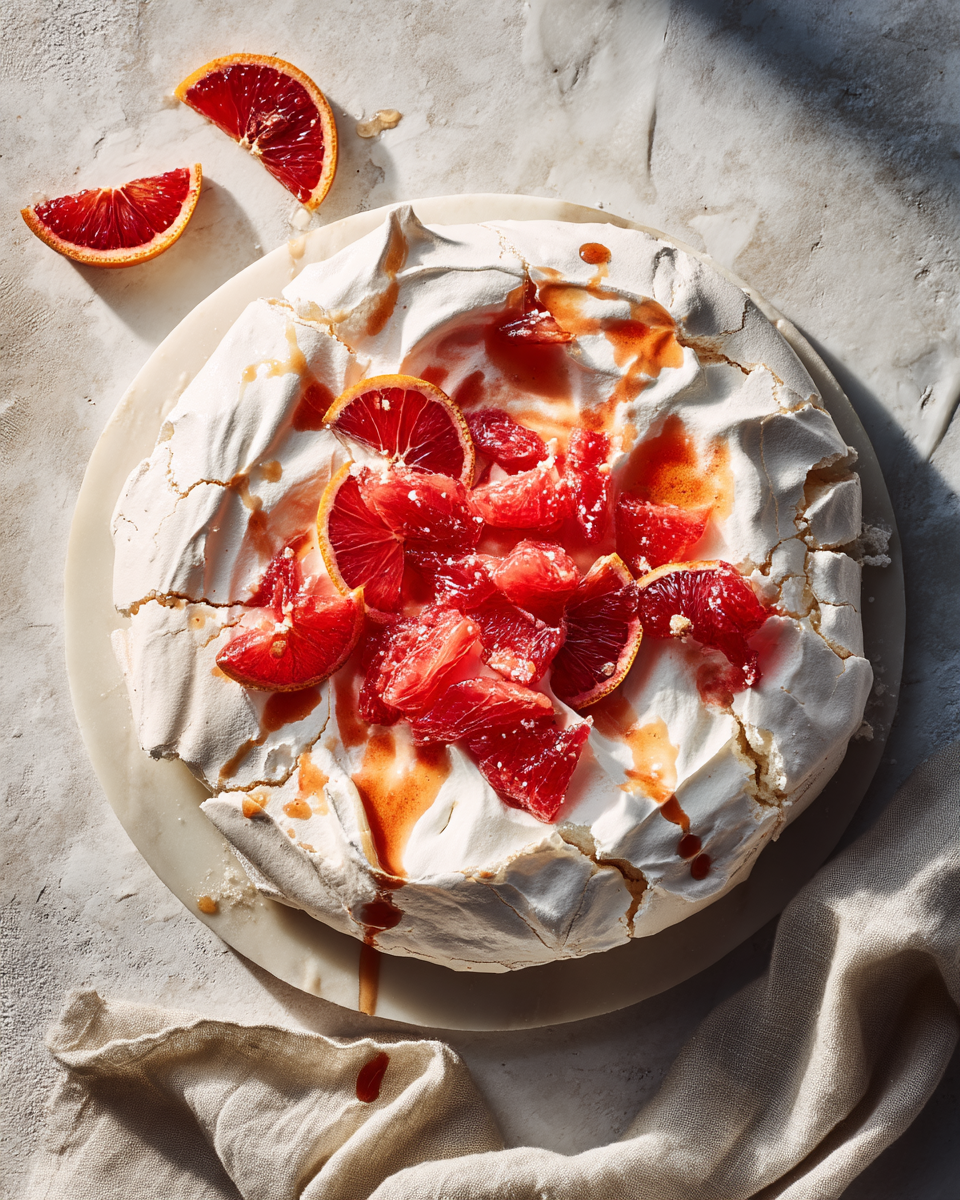 Pavlova met verse bloedsinaasappel op witte schaal, dessert op marmeren ondergrond | World of NIX