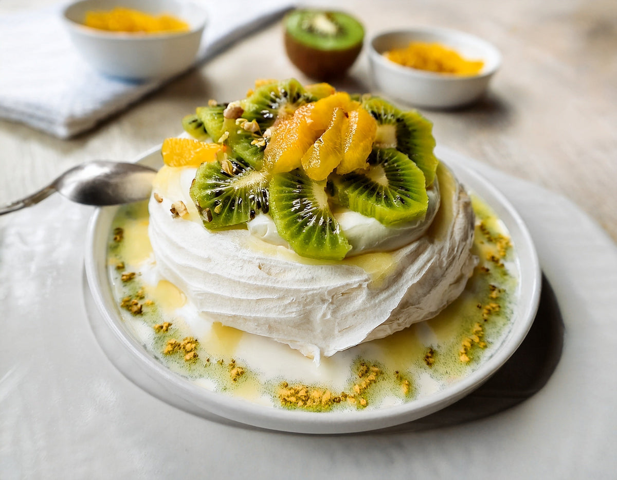 Pavlova with kiwi and passion fruit