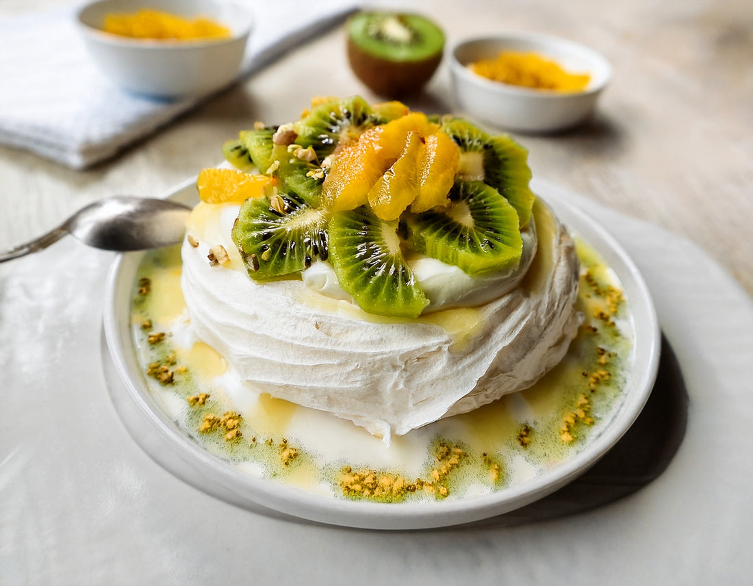 Pavlova met kiwi en passievrucht