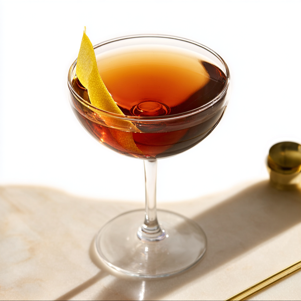 Alcoholvrije Manhattan cocktail in coupeglas met citroentwist op lichte ondergrond | World of NIX