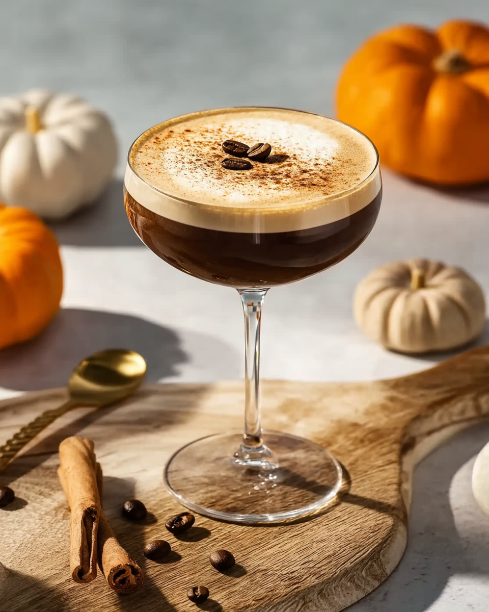 Pumpkin spice espresso martini in coupeglas, omringd door pompoenen en kaneelstokjes op een houten plank | World of NIX