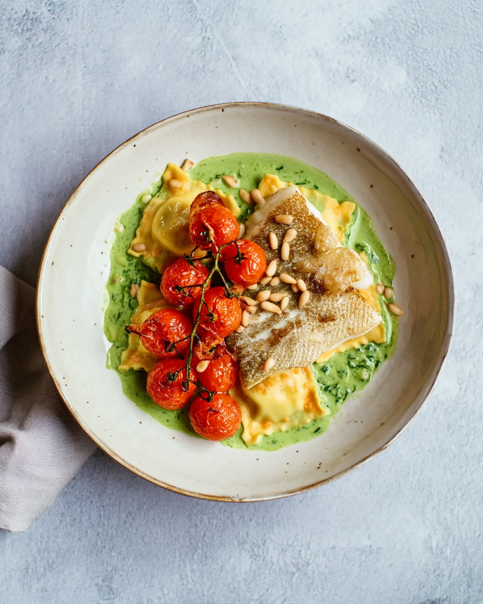 Bord met ravioli, gebakken kabeljauw, geroosterde tomaten en pijnboompitten | World of NIX