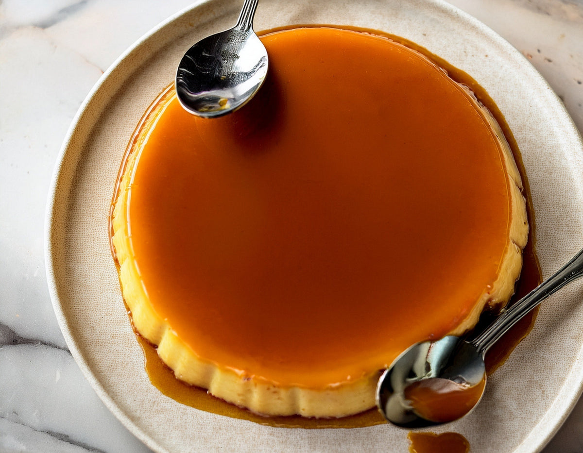 Verse reuze flan met karamel, geserveerd op bord met twee lepels | World of NIX