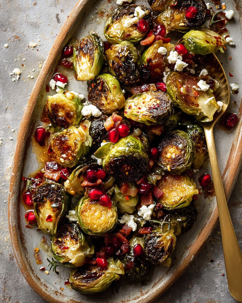 Geroosterde spruitjessalade met feta, granaatappel en spek op keramisch bord | World of NIX