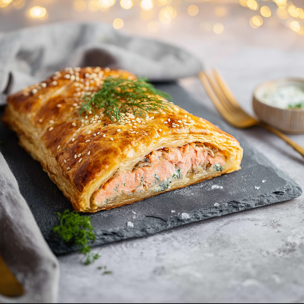 Vers gebakken zalm en croûte op leisteen met sesam en dille, feestelijke presentatie | World of NIX