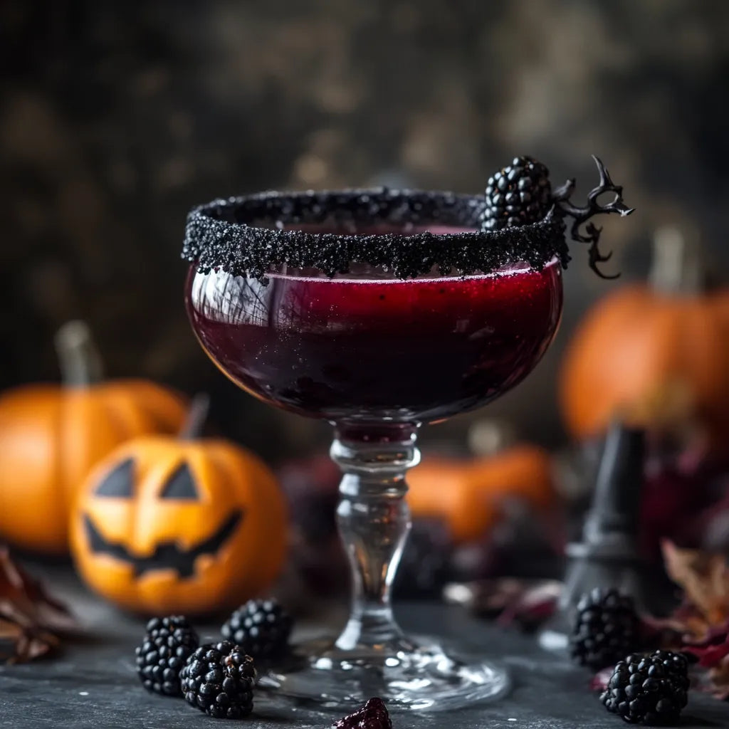 Halloween cocktail met bramen in coupeglas, zwarte suikerrand en pompoenen | World of NIX
