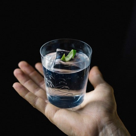 Hand houdt glas alcoholvrije gin tonic met ijsblokje en limoen op zwarte achtergrond | World of NIX