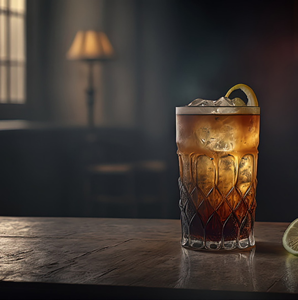 Glas met donkere alcoholvrije cocktail met ijs en limoenschijfje op houten tafel | World of NIX