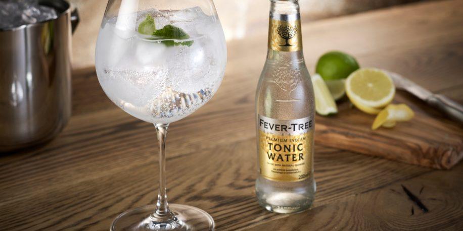 Glas gin-tonic met ijs en limoen naast Fever-Tree tonic water en gesneden citrus op houten tafel | World of NIX