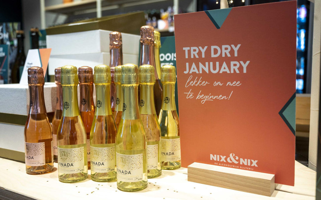 Display met alcoholvrije mousserende wijnen van Vinada en Try Dry January bord in winkel | World of NIX