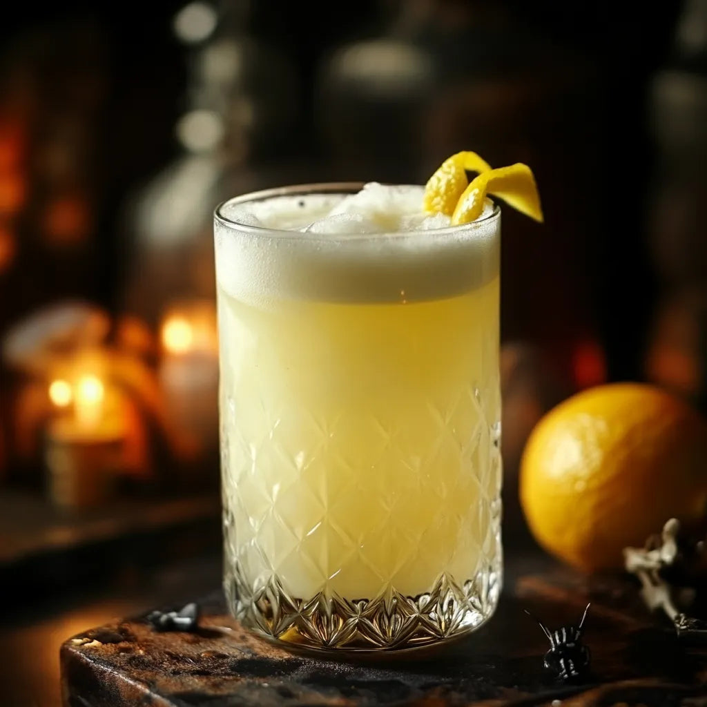 Glas alcoholvrije gin fizz cocktail met citroen garnish, kaarsen op de achtergrond | World of NIX