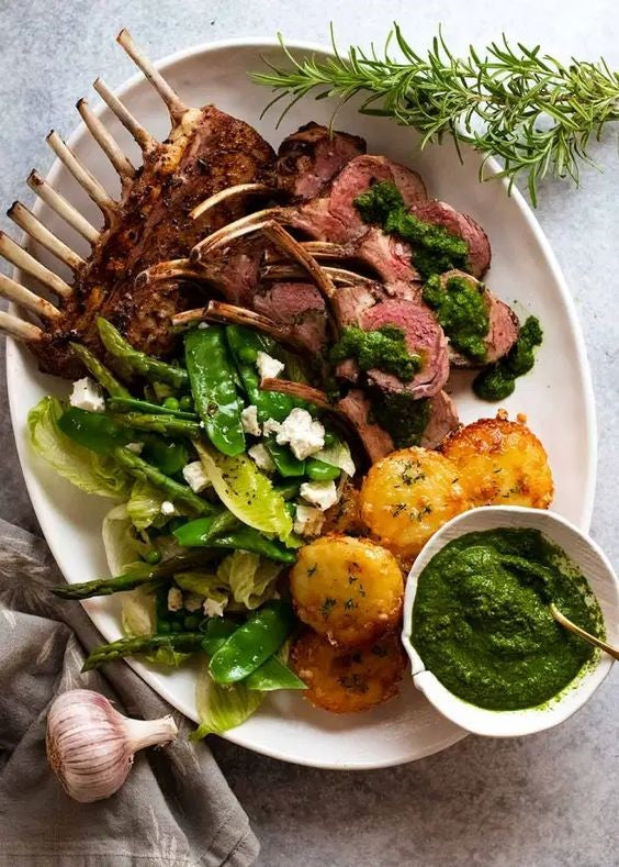 Rack of lamb with rosemary, garlic and roasted potatoes