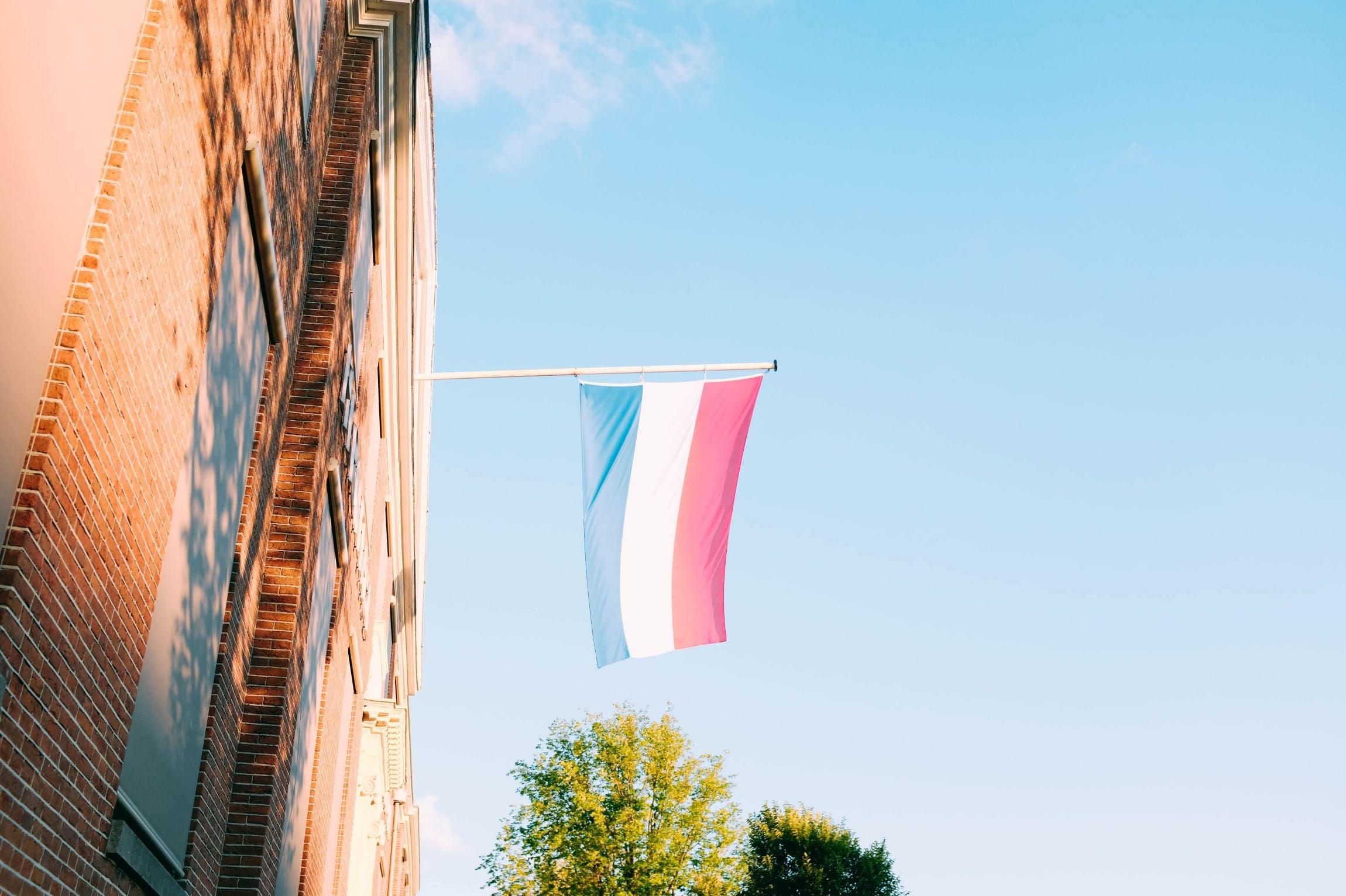 Nederlandse vlag aan gevel met blauwe lucht en bomen | World of NIX