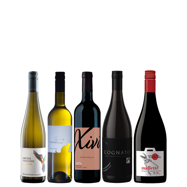 Vijf flessen alcoholvrije wijn assortiment, World of NIX webshop, kerst special