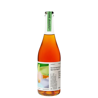 Fles Ambijus cider met een groene dop en een etiket dat overgaat van wit naar oranje, met tekst en afbeeldingen die wijzen op gefermenteerde appel en dennennaalden.