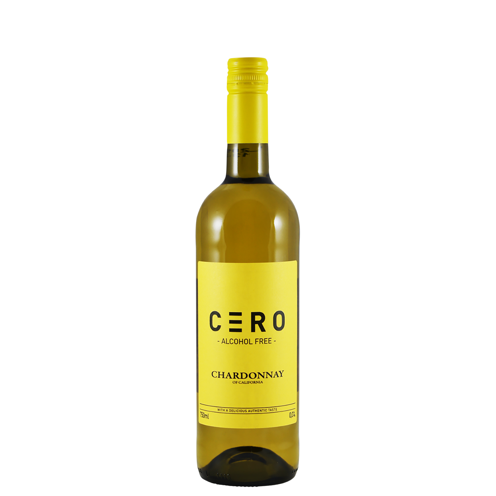 Een rechtopstaande fles CÈRO Alcoholvrije Chardonnay met een eenvoudig, modern etiket met zwarte en gouden kleuren op een witte achtergrond.
