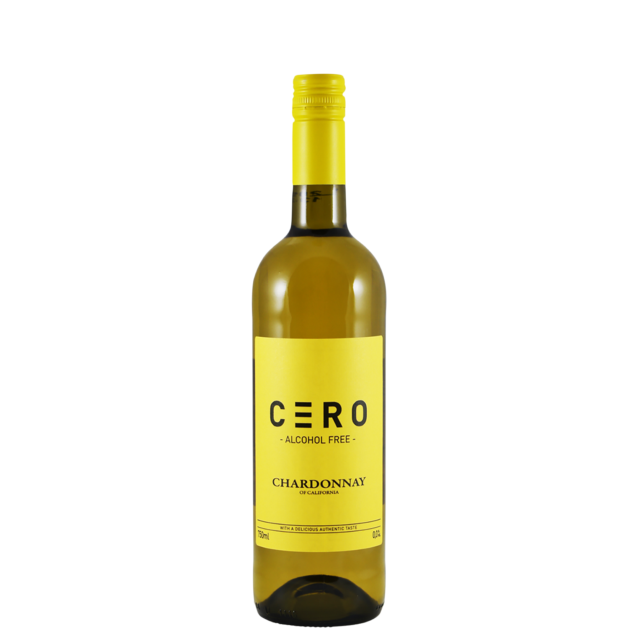 Een rechtopstaande fles CÈRO Alcoholvrije Chardonnay met een eenvoudig, modern etiket met zwarte en gouden kleuren op een witte achtergrond.