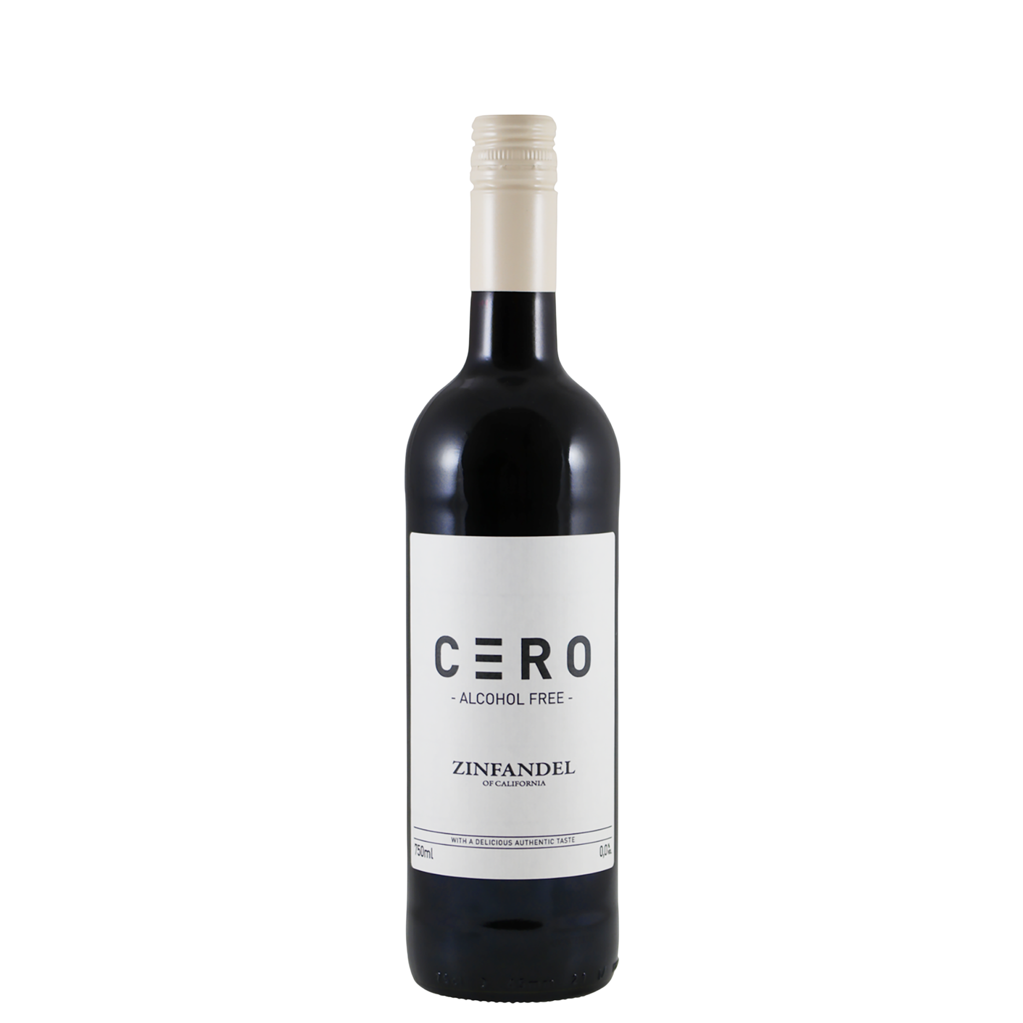 Een rechtopstaande fles CÈRO Alcohol-Free Zinfandel met een strak zwart-wit etiket op een eenvoudige witte achtergrond.